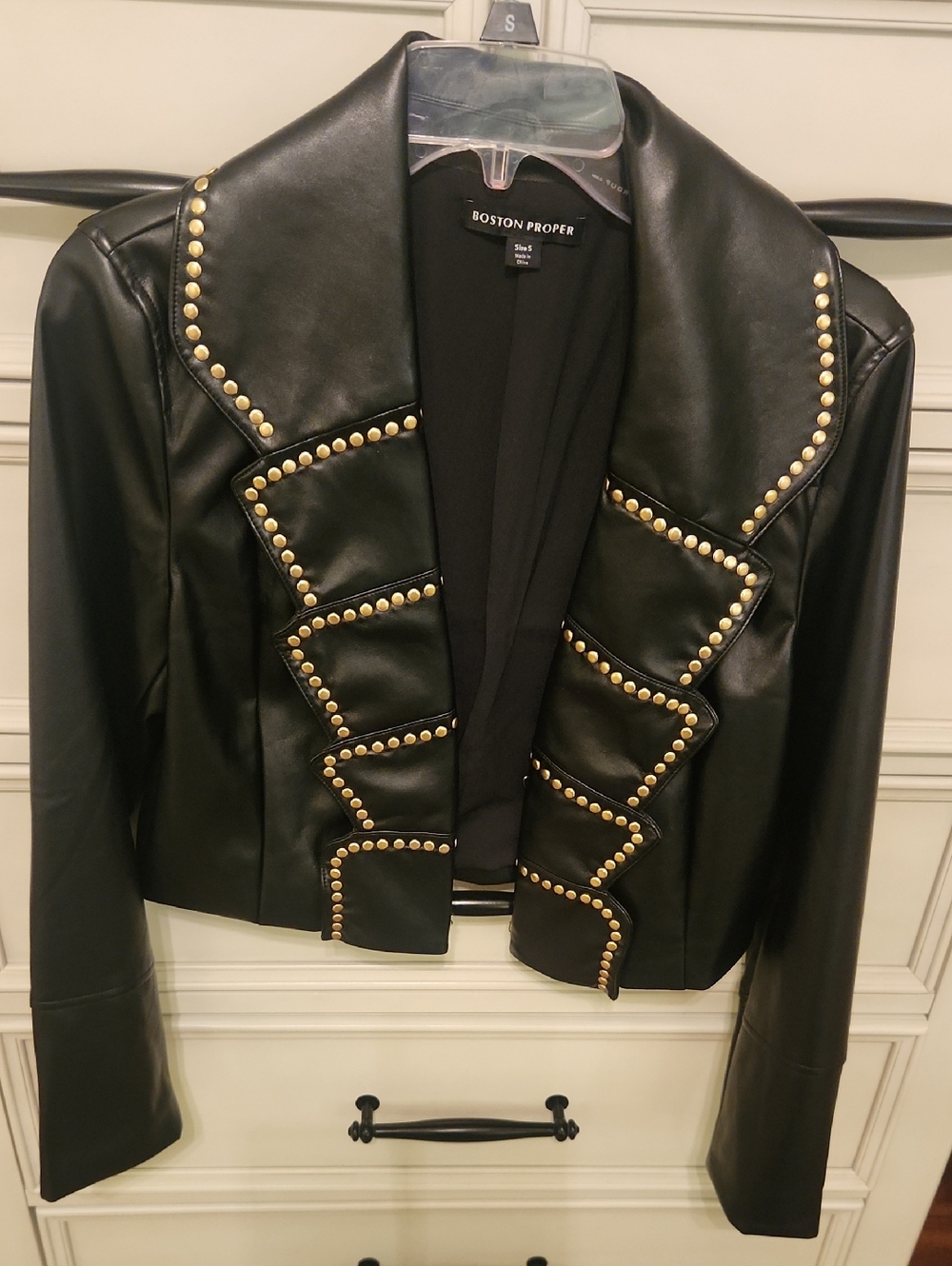 Boston Proper Black Faux Leather Studded Cropped Blazer